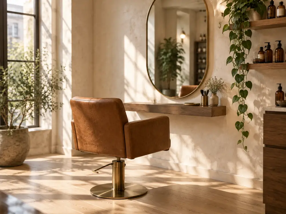 A styling chair in the sunlit studio